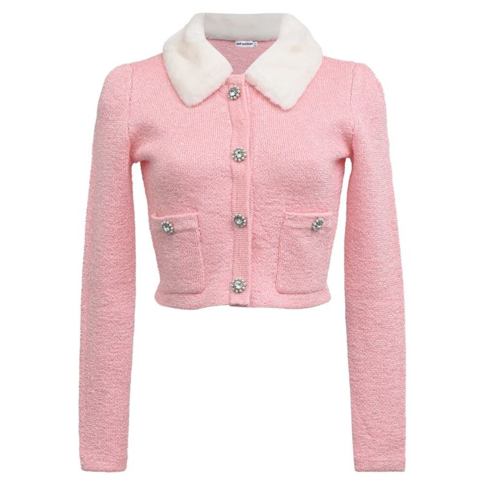 Self-Portrait Faux-Fur Collar Cropped Cardigan in Pink Polyester